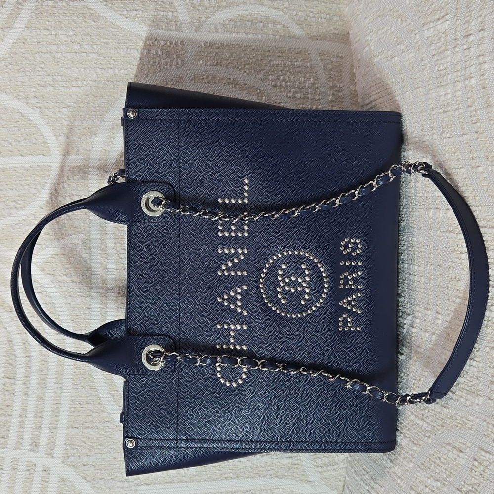 Chanel Deauville MM Navy  Studs 2Way Chain Bag Tote Bag